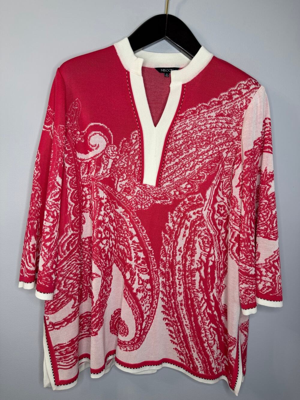Misook Jersey Knit 3/4 Sleeve Tunic Top Red White V-neck Collar Women's Sz 2X